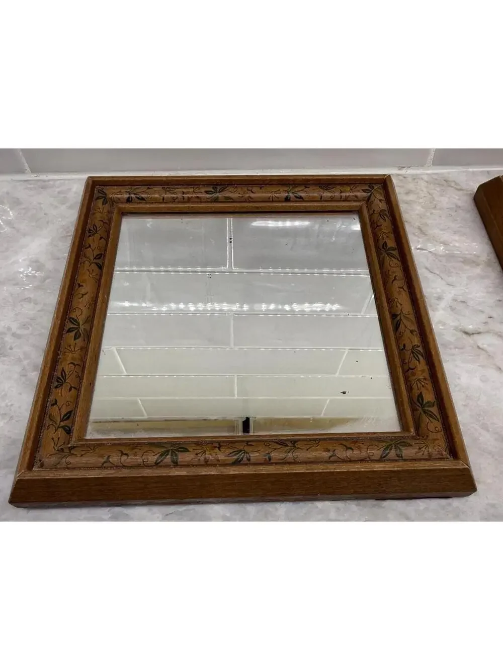 Pair Vintage Wood Framed Floral Vine Accent Wall Mirrors